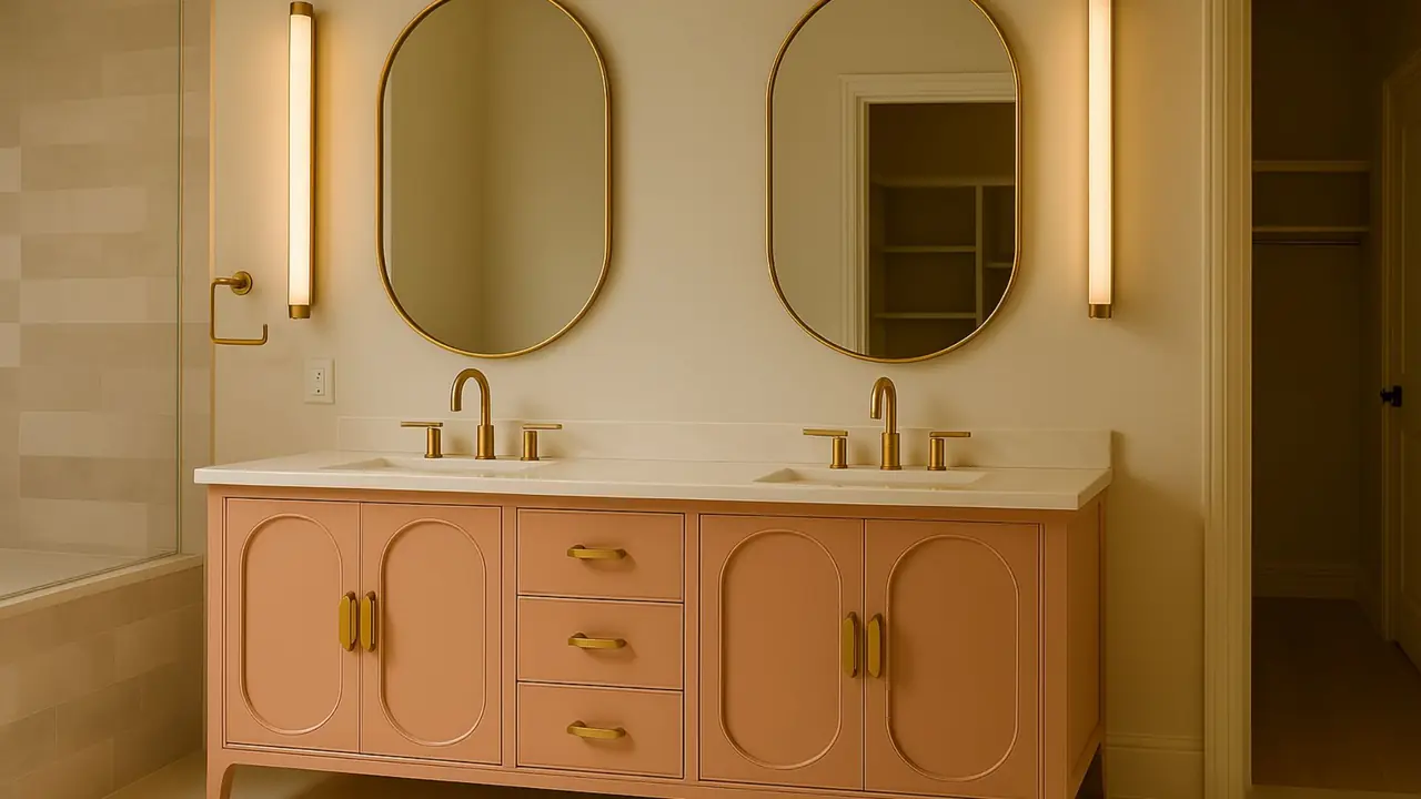 Bathroom design by Nomi with a blush double vanity, oval brass mirrors, and brass sconces