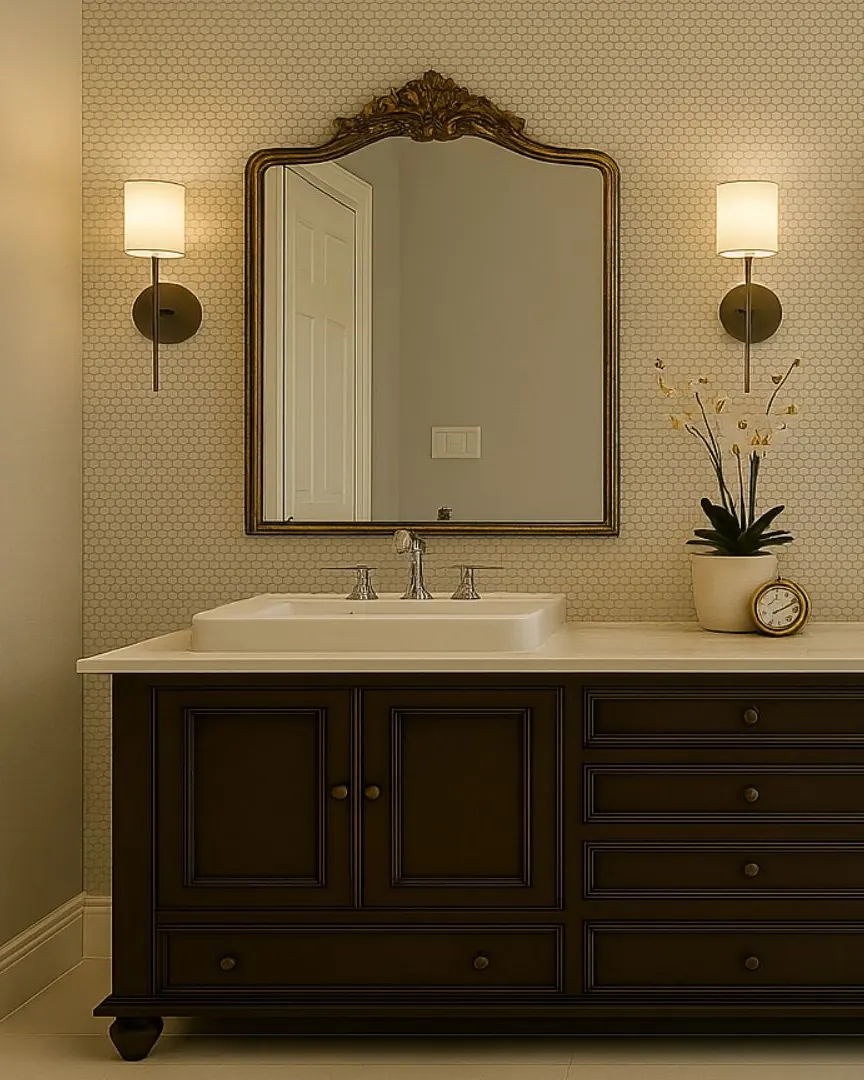 Dark wood double vanity with vessel sinks, gold framed mirrors, wall sconces and a white mosaic tile wall