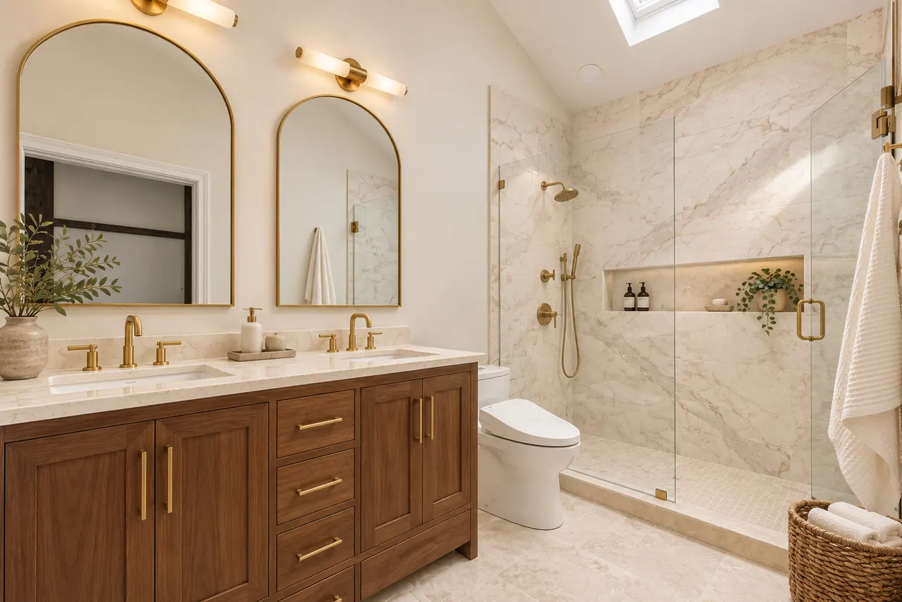 Fort Worth bathroom remodel idea: tub to shower conversion, a marble walk-in shower beside a walnut vanity