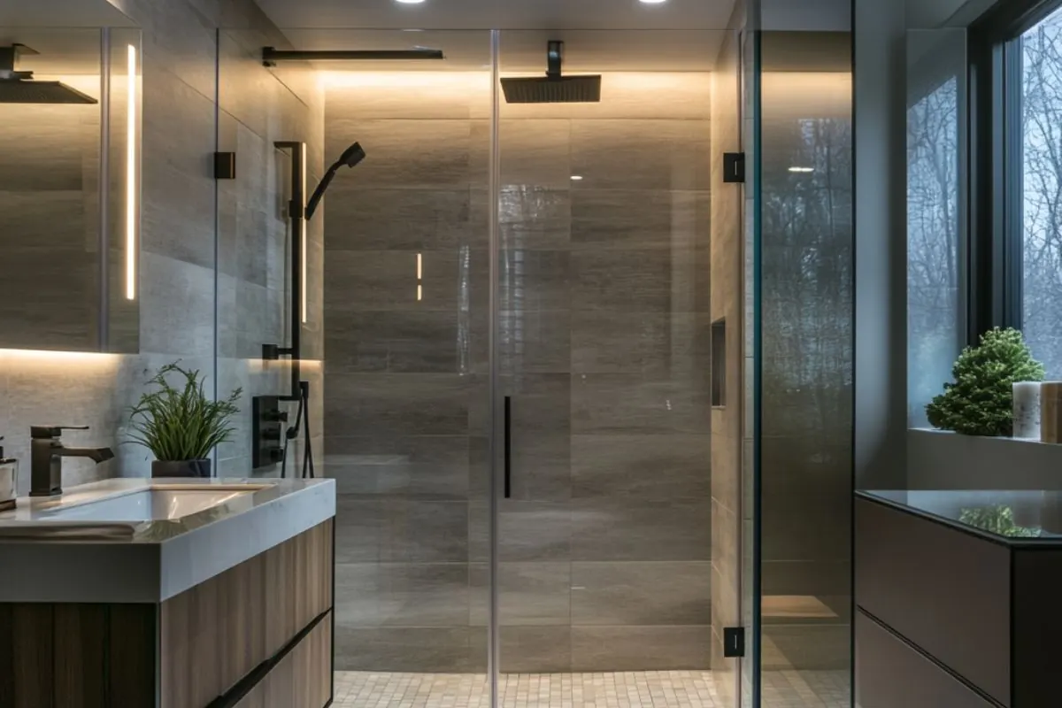 Frameless glass shower in gray stone tile with a rain shower head, beside a wood vanity, by Nomi