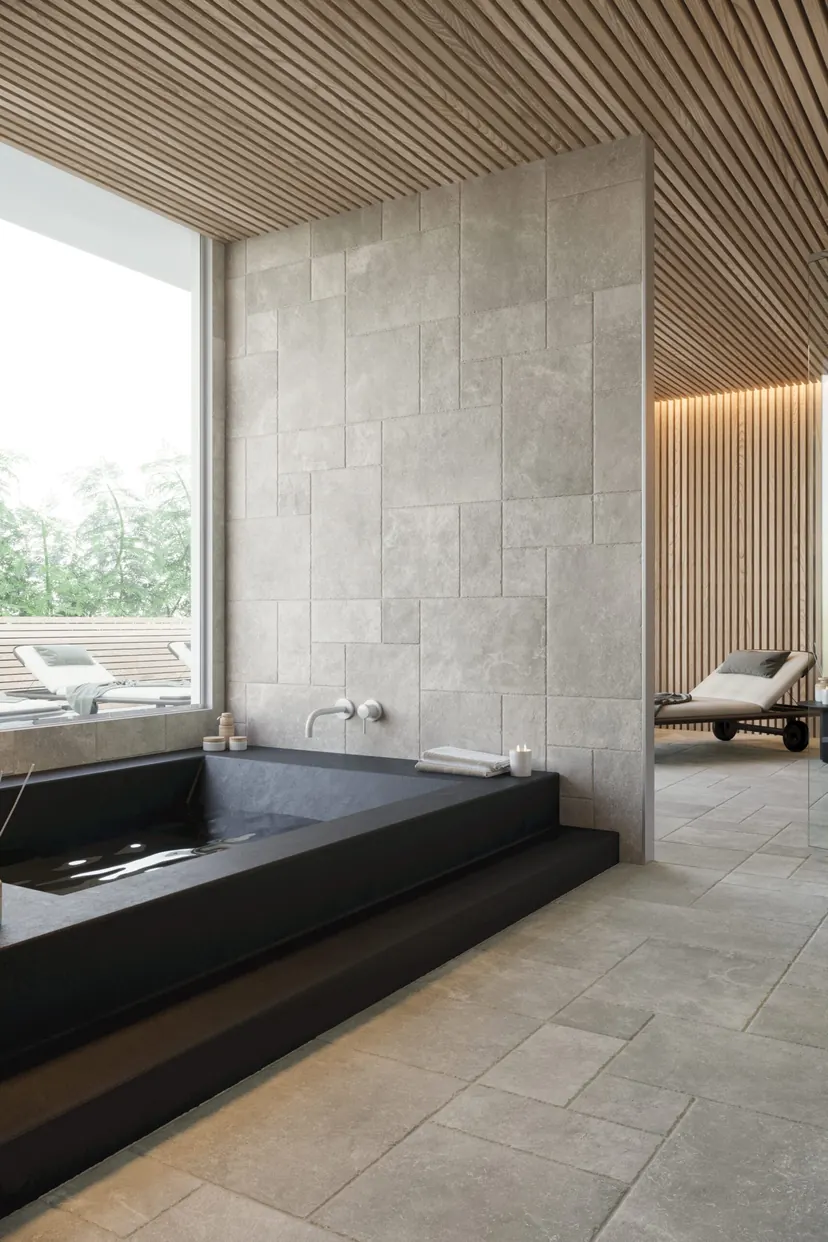 Frisco bathroom remodel idea: black stone soaking tub set into a gray stone wall