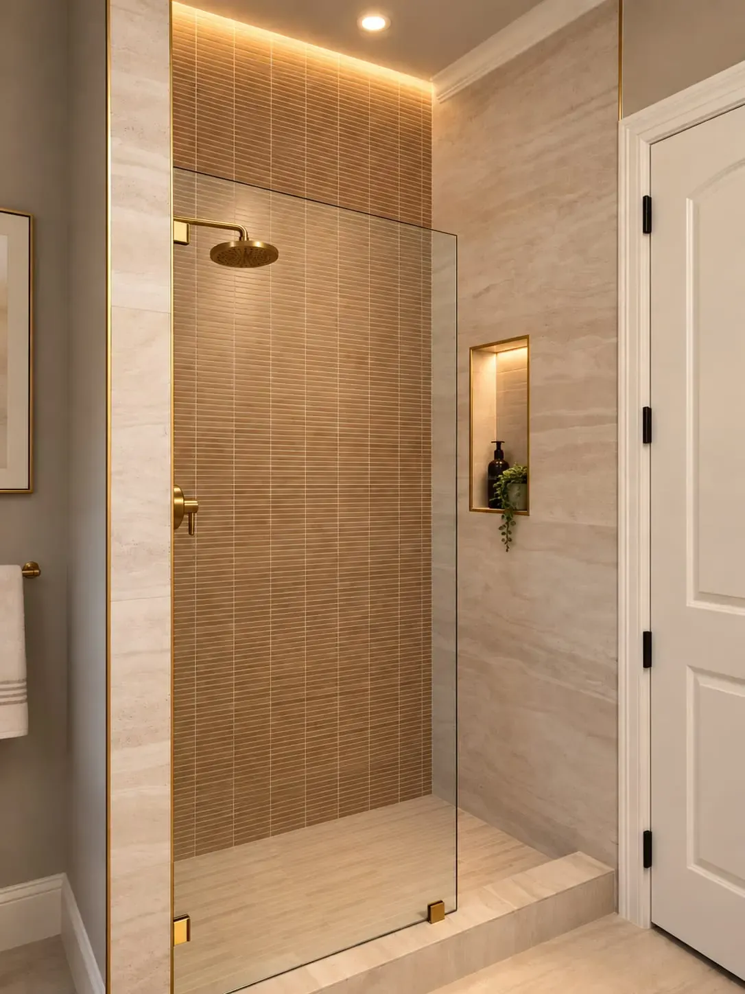 Walk-in shower with frameless glass, brushed gold fixtures and a lit niche