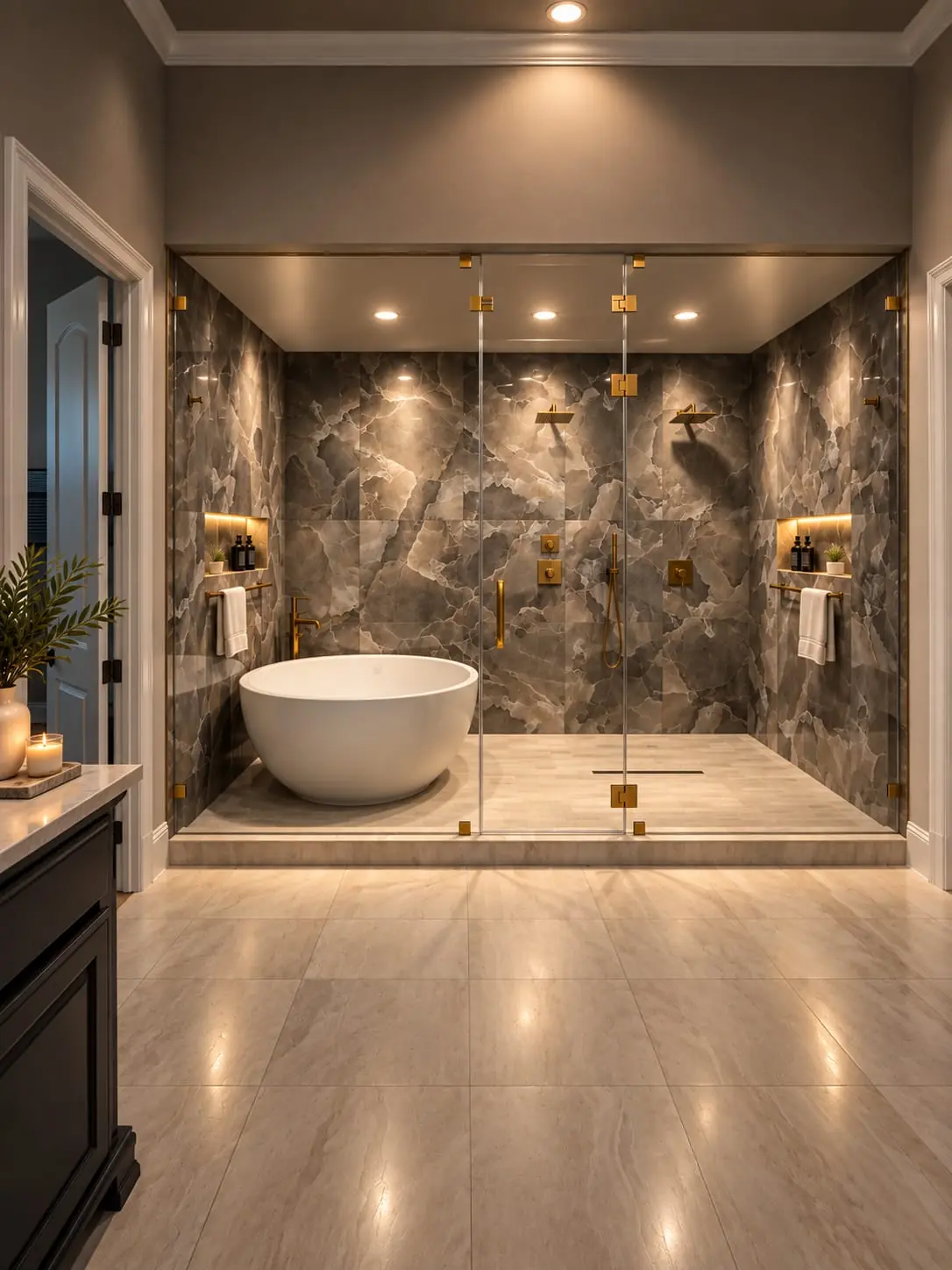Master bathroom remodel by Nomi with a freestanding tub inside a glass wet room, stone walls, and brass fixtures