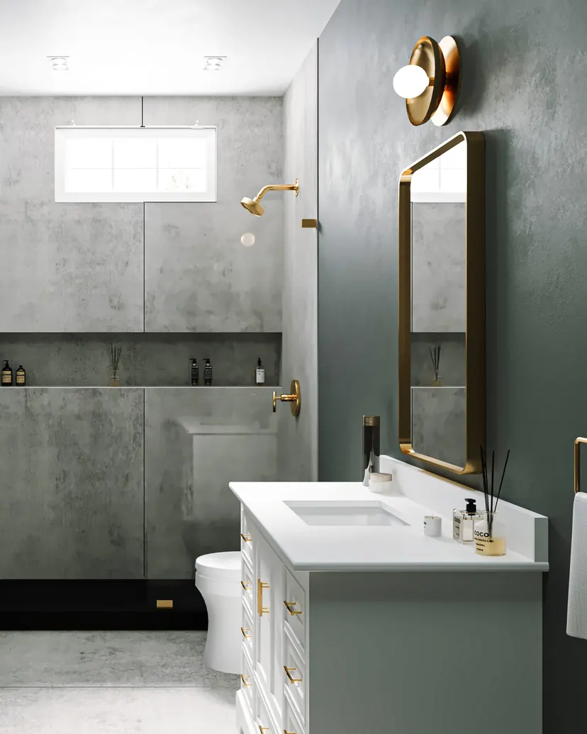 McKinney bathroom remodel idea: walk-in shower in concrete-look tile with a long niche and brass