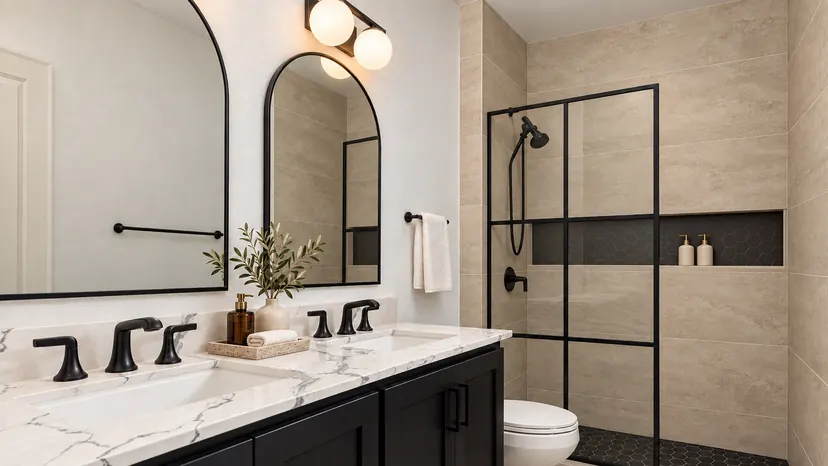 Prosper bathroom remodel idea: guest bathroom with a black double vanity, arched mirrors and grid glass
