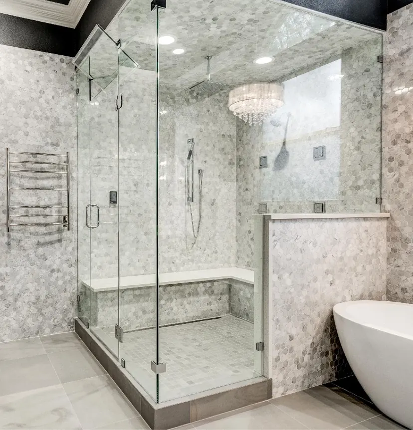 Southlake bathroom remodel idea: steam shower with full-height glass and a marble bench