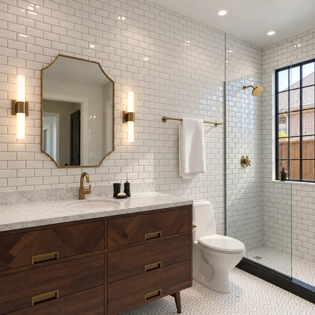 Walk-in shower in polished white subway tile with frameless glass and brass fixtures, beside a walnut vanity